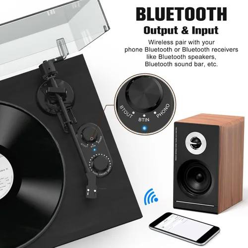 Miniatura 3 de Udreamer Tocadiscos de vinilo, giradiscos con altavoces de 40W, entrada y salida Bluetooth y grabación USB, tocadiscos LP vintage con cartucho