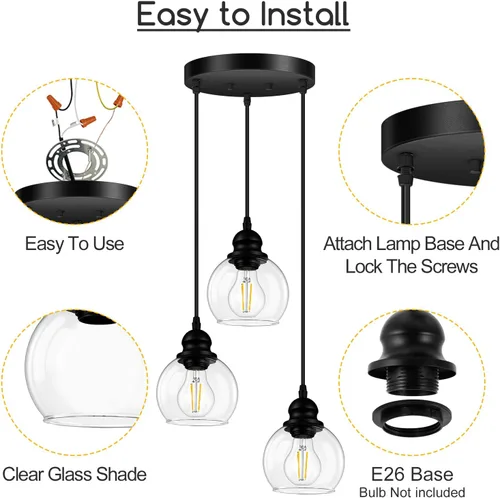Miniatura 9 de Lámpara colgante de 3 luces, lámpara de techo colgante con pantalla de vidrio transparente, color negro mate, iluminación colgante de altura