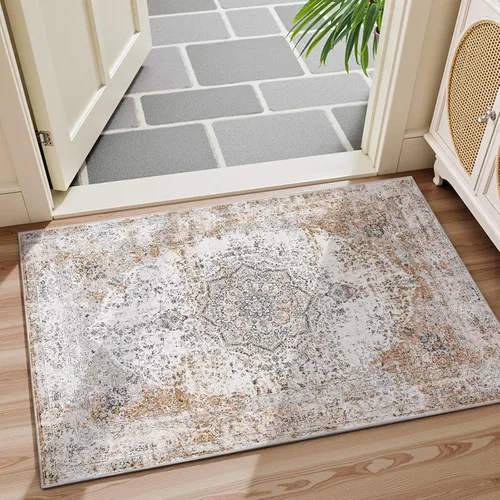 Miniatura 42 de jinchan Alfombra floral primaveral de 2 x 3 pies para entrada, alfombra desgastada lavable, de pelo corto, suave, pequeña, antideslizante, tapete