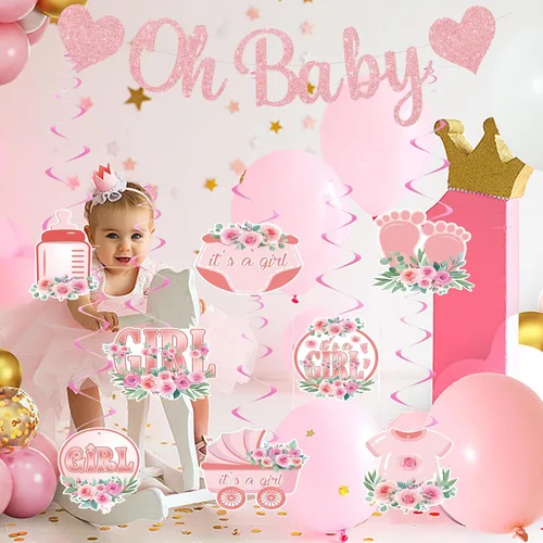 Miniatura 4 de Oh Baby - Cartel de revelación de género rosa con espirales Decoraciones de baby shower para fiesta de niña