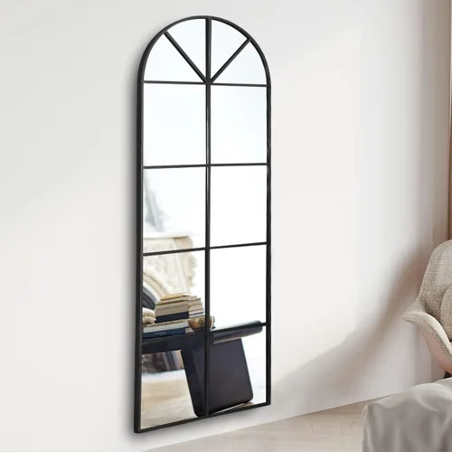 Miniatura 5 de OGCAU Espejo de Piso Arqueado de Cuerpo Entero, 65"x22" Diseño de Panel de Ventana, Decorativo para Colgar o Apoyar, Cuerpo Completo con Marco