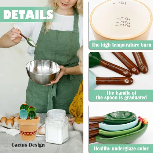 Miniatura 3 de DOERDO - Juego de cucharas medidoras de cactus en maceta, bonitas tazas de cocina de cerámica y con soporte para hornear, sal y azúcar, verde