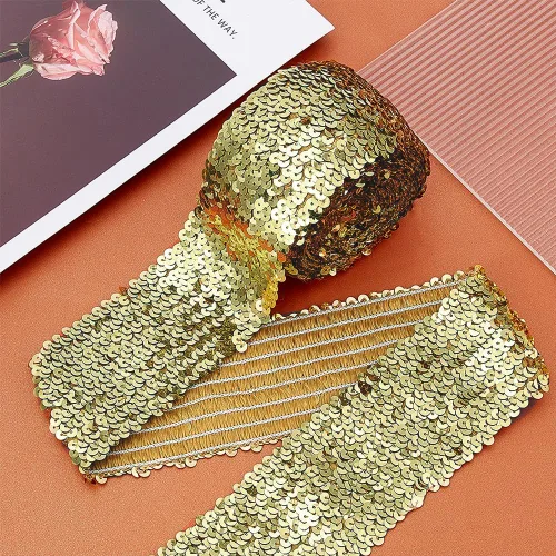 Miniatura 5 de FINGERINSPIRE Cinta de lentejuelas elásticas doradas de 5.5 yardas y 3 pulgadas de ancho, lentejuelas planas, ribete de encaje, cinta elástica Dorado