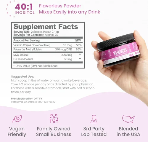 Miniatura 6 de Suplemento de inositol premium – Myo-inositol y D-Chiro Inositol en polvo más folato y vitamina D – Proporción ideal 40:1 – Equilibrio hormonal