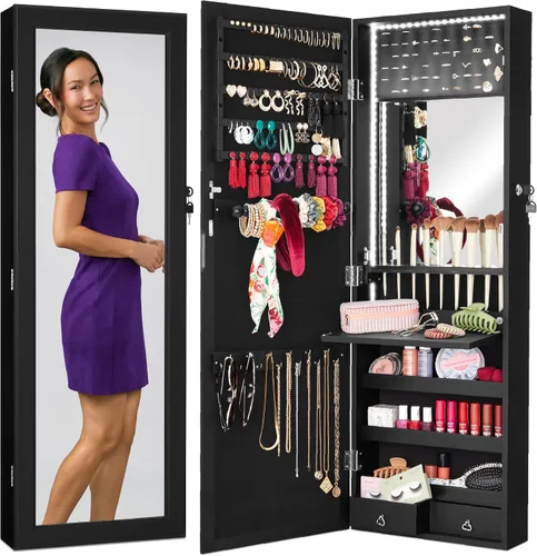 Best Choice Products Armario de joyería con espejo LED, organizador de joyas montado en la pared o en la puerta con espejo, 2 cajones, cerradura,