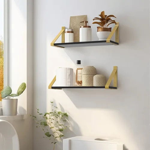 Miniatura 4 de Estantes flotantes dorados y negros montados en la pared, juego de 2, acrílico transparente de 8 mm, estantes de pared invisibles para dormitorio
