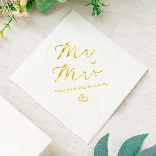 Miniatura 6 de Crisky Servilletas de 3 capas de papel de aluminio dorado Mr and Mrs de cóctel de boda, 100 unidades para bodas, fiestas, recepciones, postres