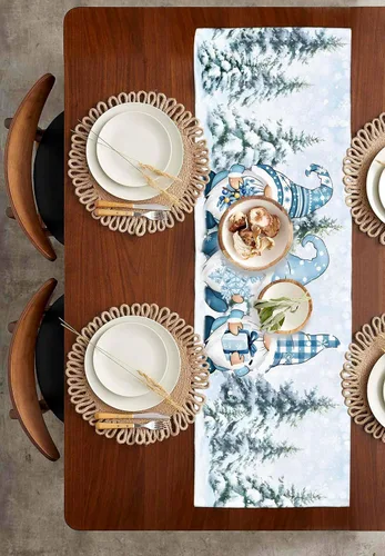 Miniatura 3 de Camino de mesa azul de Navidad de 36 pulgadas, corto, de lino de algodón, cocina, comedor, mesa de café, decoración de tocador, camino de mesa