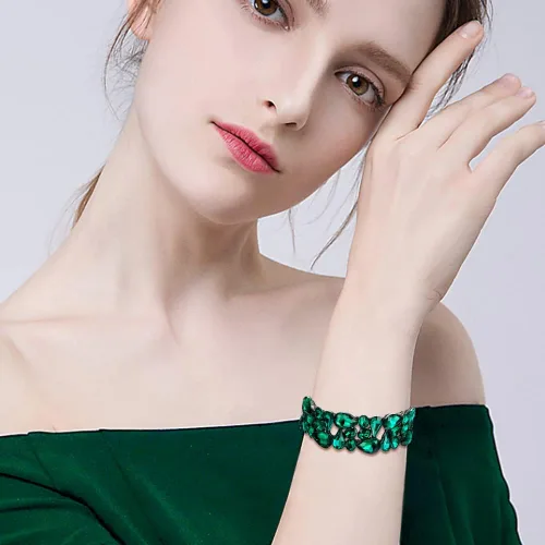 Miniatura 2 de EVER FAITH Pulsera elástica de cristal con forma de lágrima ovalada para mujer, estilo Art Déco, para novia