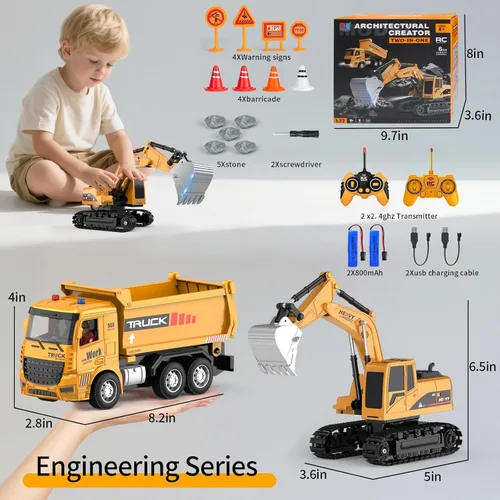Miniatura 2 de MQDMINI Juego de juguetes de excavadora y camión volquete con control remoto, vehículos de construcción RC con barricadas, señales de tráfico, rocas