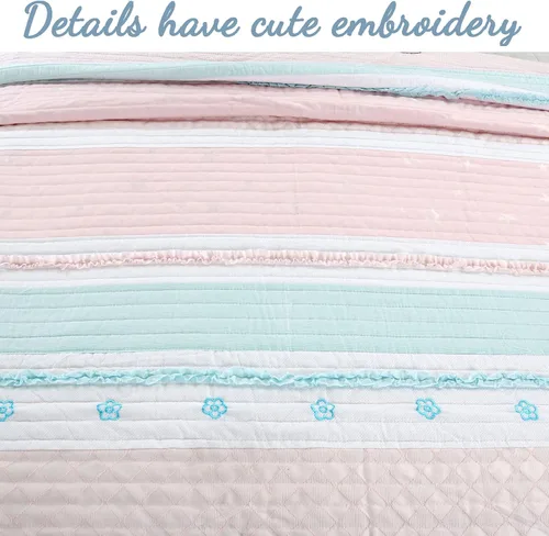 Miniatura 5 de Cozy Line Home Fashions Juego de ropa de cama acolchado reversible de niña con volantes rosa claro y azul de 100% algodón, colcha, cubrecama