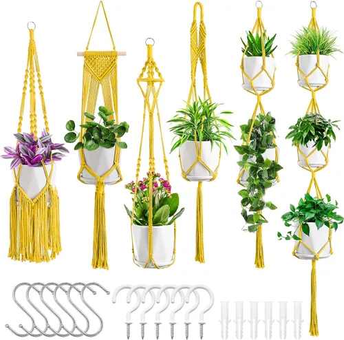 Miniatura 8 de SFENNGPET - Paquete de 6 perchas de macramé para plantas, juego de 6 perchas colgantes para plantas de interior con kit de 6 perchas hechas a mano