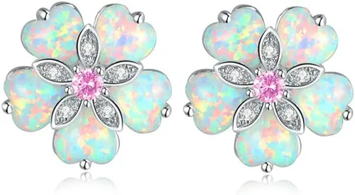 CiNily Aretes tipo dormilona de ópalo con flores para mujer, chapados en rodio, hipoalergénicos, grandes piedras preciosas de 1932 pulgadas