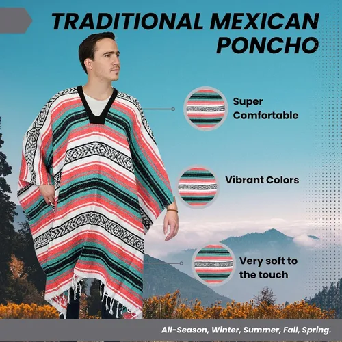Miniatura 120 de Artisans Bazaar Poncho tradicional mexicano de Baja para hombres y mujeres, auténtico sarape de Gaban, manta de vaquero Pancho Jorongo