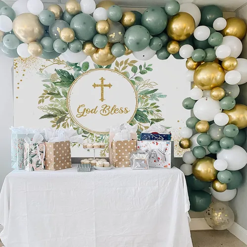 Miniatura 4 de Mocsicka Telón de fondo de bautismo con texto en inglés "God Bless Bautismo" de 7 x 5 pies, pancarta de primera comunión para niños y niñas, hojas