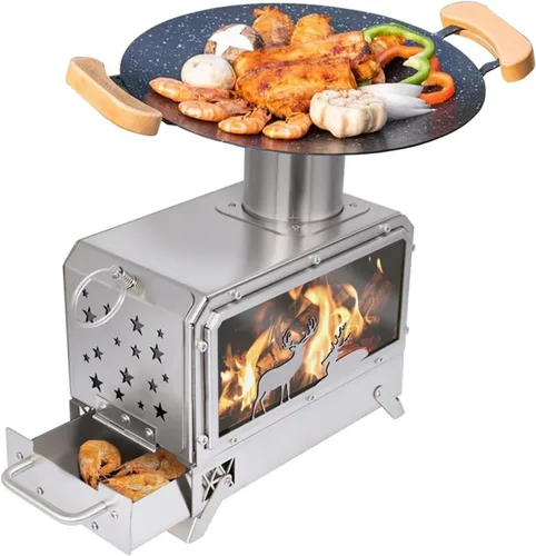 Estufa de camping al aire libre portátil Estufa de acero inoxidable para cocinar al aire libre Calefacción y pesca BBQ Backpacking Estufa (M)