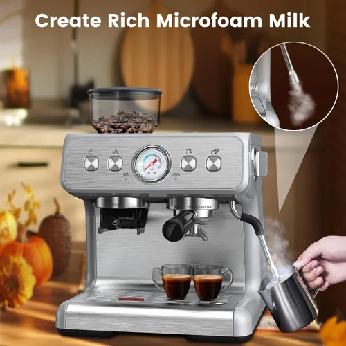 Miniatura 7 de Máquina de café expreso con molinillo integrado, cafetera profesional de 15 barras con espumador de leche, cafetera espresso de acero inoxidable