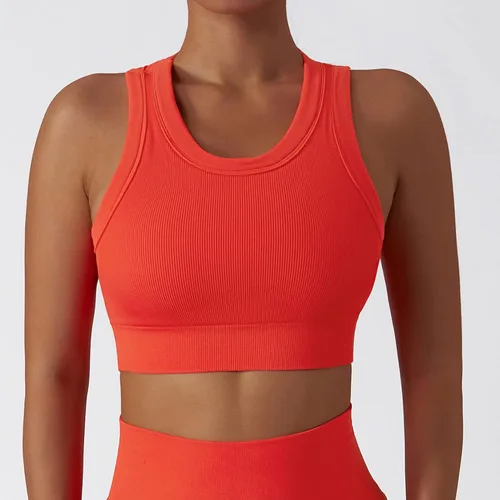 Miniatura 11 de Conjuntos de entrenamiento para mujer, 2 piezas, sin costuras, acanalada, sin mangas, brasier deportivo, cintura alta, pantalones cortos