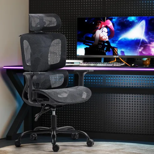 Miniatura 8 de Silla de oficina ergonómica con soporte lumbar ajustable, reposabrazos y reposacabezas 3D, silla reclinable de 135° con base de acero grande, silla