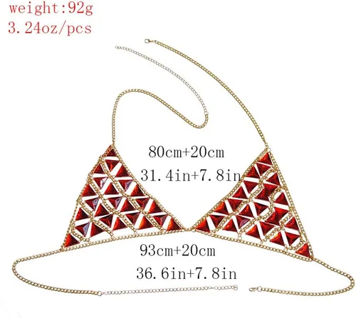 Miniatura 6 de Jeweky - Brasier con diseño de triángulo rojo y piedras preciosas bohemias, joyería para el cuerpo de bikini de playa para mujeres y niñas