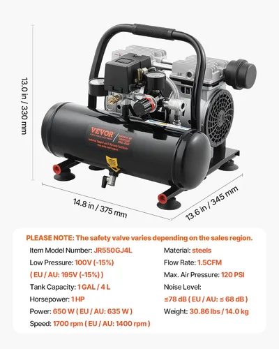 Miniatura 7 de VEVOR Compresor de aire, tanque de acero de 1 galón, compresor de aire libre de aceite de 1 HP 1.5 CFM a 90 PSI y presión máxima de 120 PSI