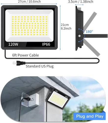 Miniatura 6 de Luz de inundación LED de 120 W para exteriores con enchufe, luces de seguridad superbrillantes de 14400 lm con cable, luz de trabajo LED impermeable
