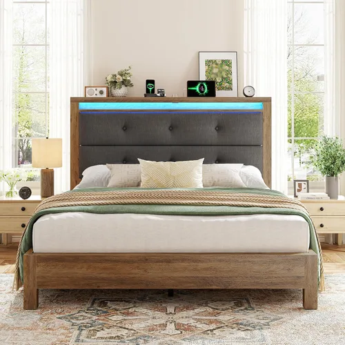 EnHomee Base de cama de tamaño matrimonial con carga USB y tipo C y luces LED, cabecera de almacenamiento tapizada, cama de plataforma de madera,