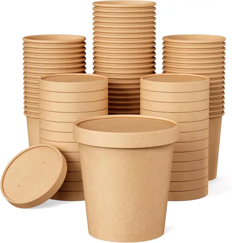 JOLLY PARTY Paquete de 50 recipientes de papel para sopa de 16 onzas con tapas, vasos de papel desechables para alimentos, tazas de helado,