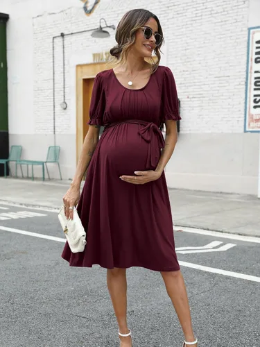 Miniatura 3 de Molliya Vestido de maternidad de manga corta, cuello redondo, casual, elástico, hasta la rodilla, vestidos de embarazo con cinturón