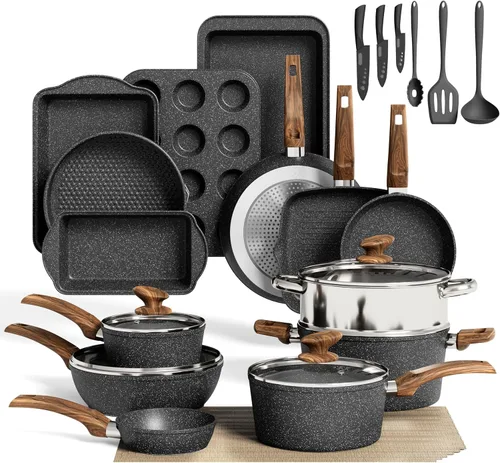 MAISON ARTS Juego de ollas y sartenes antiadherentes, 30 piezas de utensilios de cocina y utensilios para hornear con revestimiento de granito, Negro