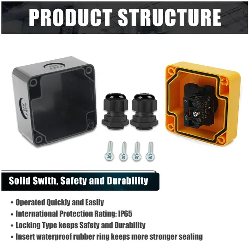 Miniatura 5 de Interruptor de botón de parada de emergencia, 1NC 10A 660V con caja impermeable IP65, 2 conectores negros PG13.5 (1)
