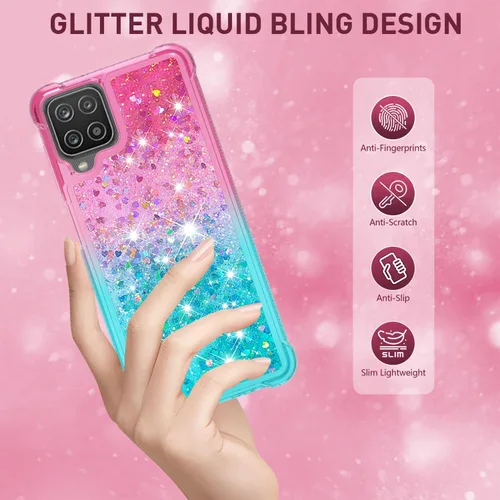 Miniatura 2 de Funda para Galaxy A12 con protector de pantalla de vidrio templado, con purpurina flotante líquida y brillante para mujeres y niñas, silicona TPU