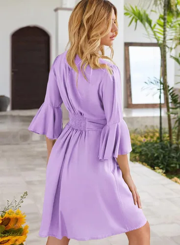 Miniatura 3 de Mini vestido casual de verano para mujer, vestido con botones, manga corta, cintura alta, longitud hasta la rodilla, vestido de túnica liso fruncido
