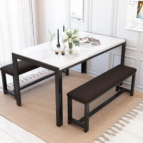Miniatura 2 de Recaceik Juego de mesa de comedor para 4, mesa de cocina y sillas para 4, mesa de comedor de mármol sintético con 2 bancos, mesa de comedor que