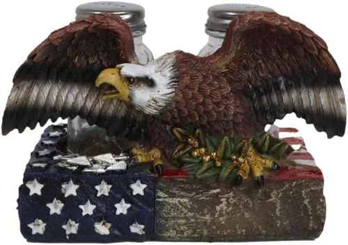 Ebros Gift Águila calva patriótica americana con rama de olivo posada en base de la bandera de Estados Unidos soporte decorativo de sal y pimentero