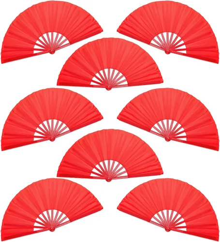 Lawei Paquete de 8 ventiladores de mano plegables grandes, abanicos chinos de Kung Fu Tai Chi Chi, abanicos de tela de nailon rojo vintage,