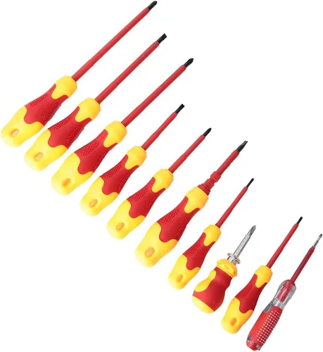 Miniatura 2 de 10PCS Multifunction Electrician Insulated Screwdriver Set, Slot and Cross Screwdrivers with 1000V Shockproof Red Handle, Magnetic Tips for Tight