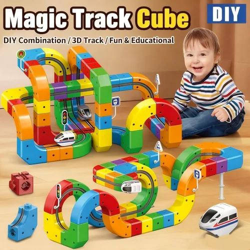 Miniatura 8 de Juego de tren eléctrico, juego de tren de fusión de pista flexible, kits de construcción de pistas de autos de carreras DIY con señales de tren