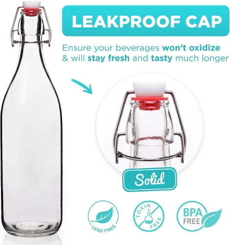 Miniatura 6 de Botellas de vidrio con tapa abatible [1 litro / 33 onzas líquidas] [Paquete de 4] - Botellas de coquito con tapa abatible para kombucha