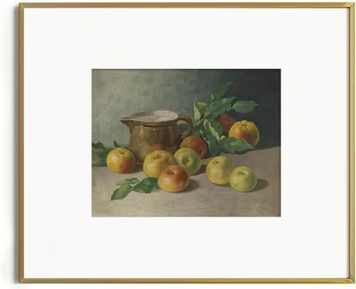 Miniatura 7 de Cuadro de naturaleza muerta de granja para sala de estar, perla de manzana, pintura cálida beige neutra, arte de pared Art Deco para cocina