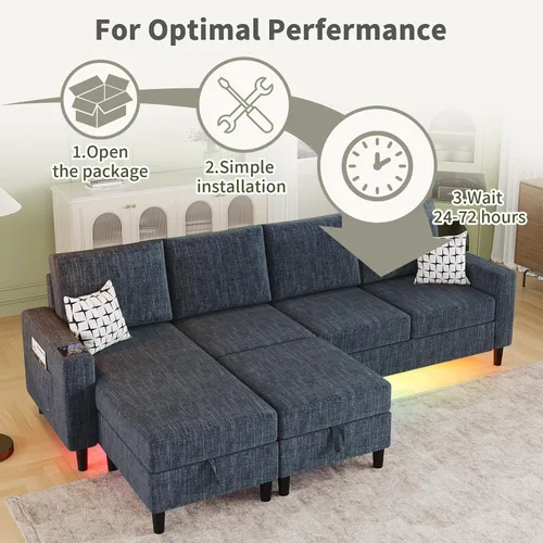 Miniatura 8 de Sofás seccionales para sala de estar, sofá seccional de tela de lino suave de 6 asientos con otomana de almacenamiento, sofá moderno convertible