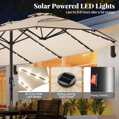Miniatura 5 de Tangkula Sombrilla solar de doble cara de 15 pies para patio, sombrilla individual extragrande para exteriores con 48 luces LED, parte superior Beige