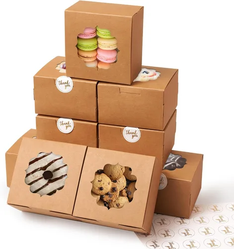 Shallive Cajas de galletas pequeñas de 4 pulgadas, 50 piezas, marrón - Cajas de dulces de panadería con ventana para regalar, contenedores de papel