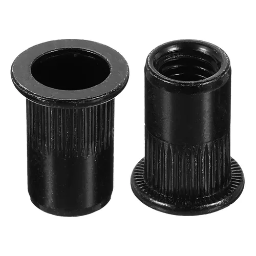 Miniatura 14 de uxcell Tuercas de remache M4 de acero al carbono chapadas en zinc moleteado cabeza plana roscada tuerca de inserción negra 20 piezas