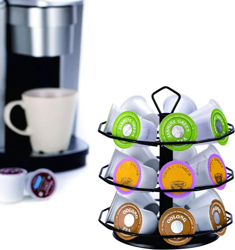 Miniatura 4 de FlagShip Carrusel para tazas K de 3 niveles para soporte de cápsulas Keurig de metal, instalación de bricolaje, pequeño para almacenamiento