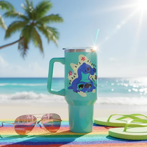 Miniatura 10 de Silver Buffalo Disney Lilo and Stitch Aloha - Vaso de acero inoxidable de doble pared con asa y pajilla, se adapta al portavasos estándar, 40 onzas