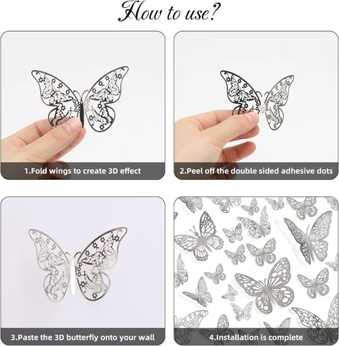 Miniatura 3 de 144 calcomanías de pared de mariposa 3D, 6 estilos, 3 tamaños, calcomanías de mariposa extraíbles plateadas, decoración de pared para habitación