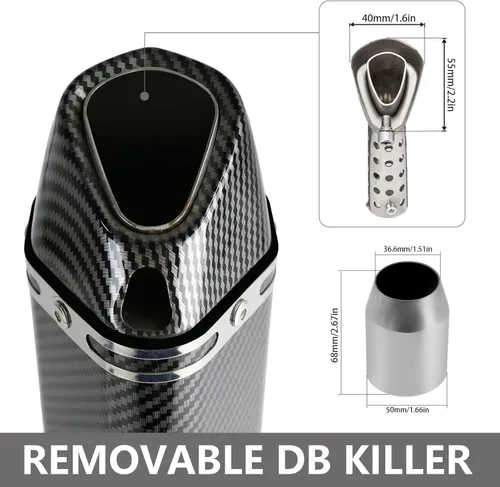 Miniatura 3 de Silenciador de escape de fibra de carbono de 1.5 – 2 pulgadas con DB Killer extraíble para motocicletas de calle/deporte y scooters con tubos