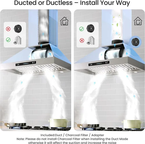 Miniatura 5 de IKTCH Campana extractora de montaje en pared de 30 pulgadas, campana de ventilación de cocina de bajo ruido de 390 CFM, convertible