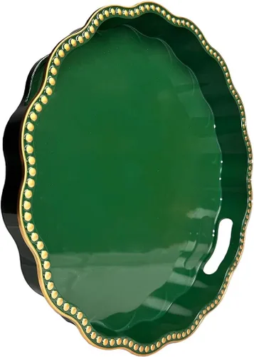 Miniatura 28 de Bandeja decorativa azul para mesa de café, bandeja de servir redonda de plástico con cuentas para encimera de cocina, otomana, sala de estar, (13")